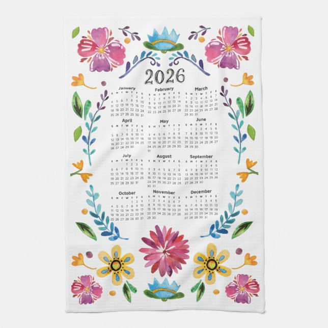 2026 Calendar Traditional Mexican Blommigt Folk Ar Kökshandduk (Vertikal)
