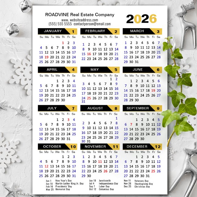 2026 Calendar US Helgdagars Modern Business Magnet (Skapare uppladdad)