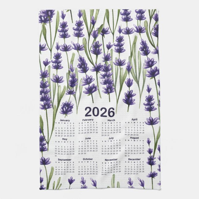 2026 Calendar Watercolor Lila Lavender Flowers Kökshandduk (Vertikal)