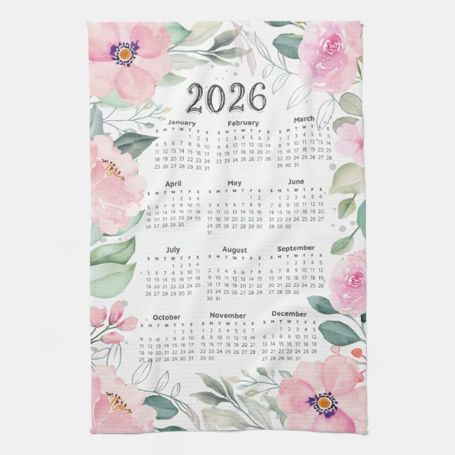 2026 Calendar Watercolor  Rosa Blommigt Kökshandduk (Vertikal)