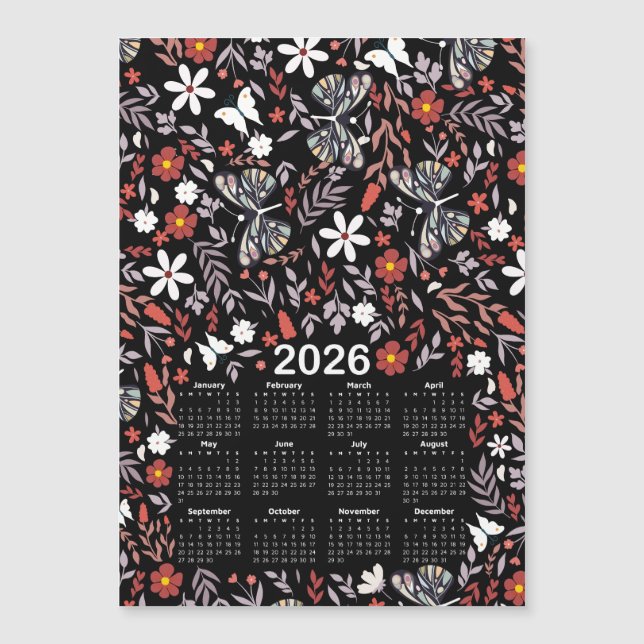 2026 Calendar Whimsical Blommigt & Butterfly Black (Framsida)