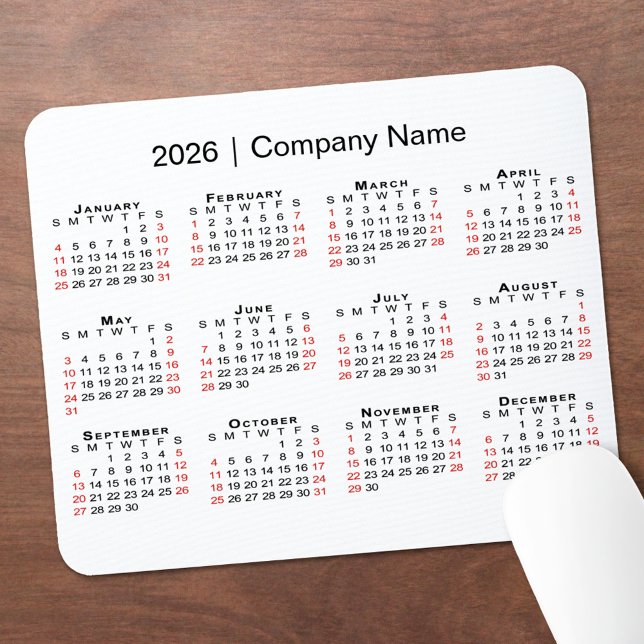 2026 Calendar with Company Name on White Musmatta (2026 Calendar with Company Name on White Mouse Pad, in situ)