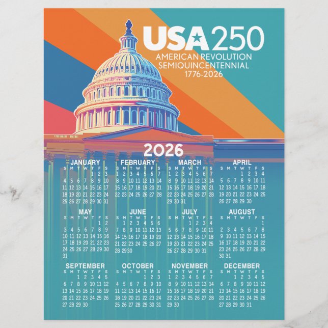 2026 Calendar with USA 250 Capital Dome America Brevhuvud (Framsida)