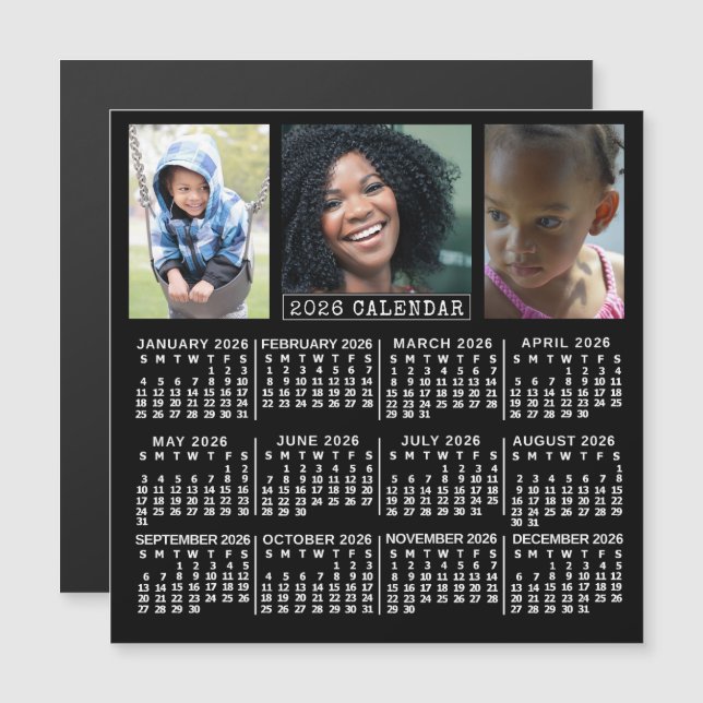 2026 Calendar Year Black | 3 Custom Photo Collage Magnetisk Inbjudningskort (Fram/baksida)
