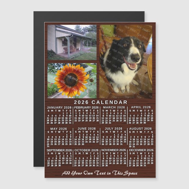 2026 Calendar Year Wood Grain Custom 3 Photos Magnetisk Inbjudningskort (Fram/baksida)