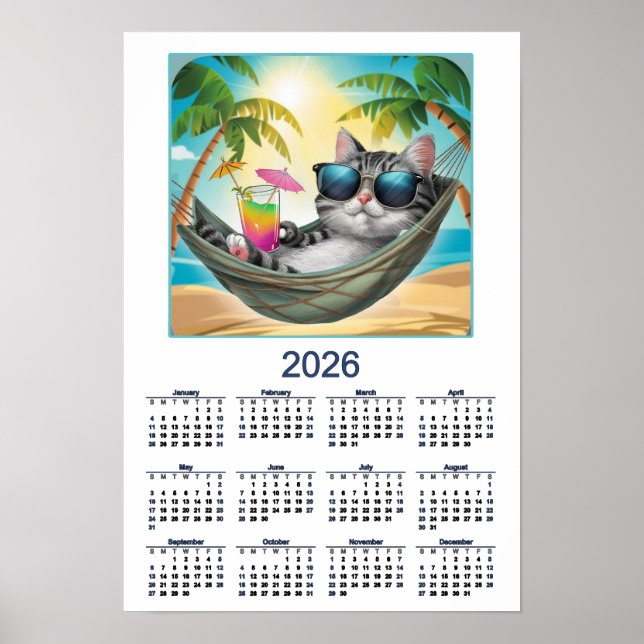 2026 Cat Calendar Cool Tropical Cat Poster (Framsidan)