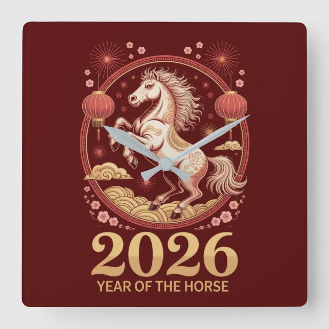 2026 Chinese New Year Horse Zodiac Wall Clock Fyrkantig Klocka (Framsida)