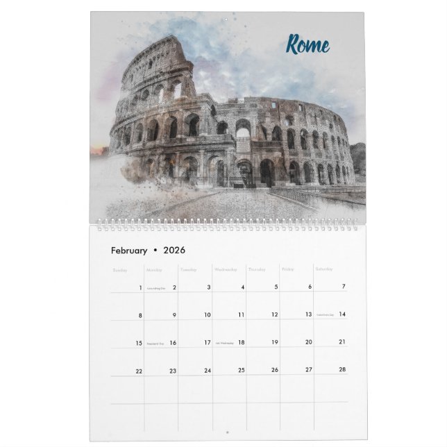 2026 City Sketches Wall Calendar - Hand-Drawn Kalender (Feb 2026)