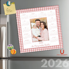 2026 Cottage Rosa Gingham Photo Magnetic Calendar
