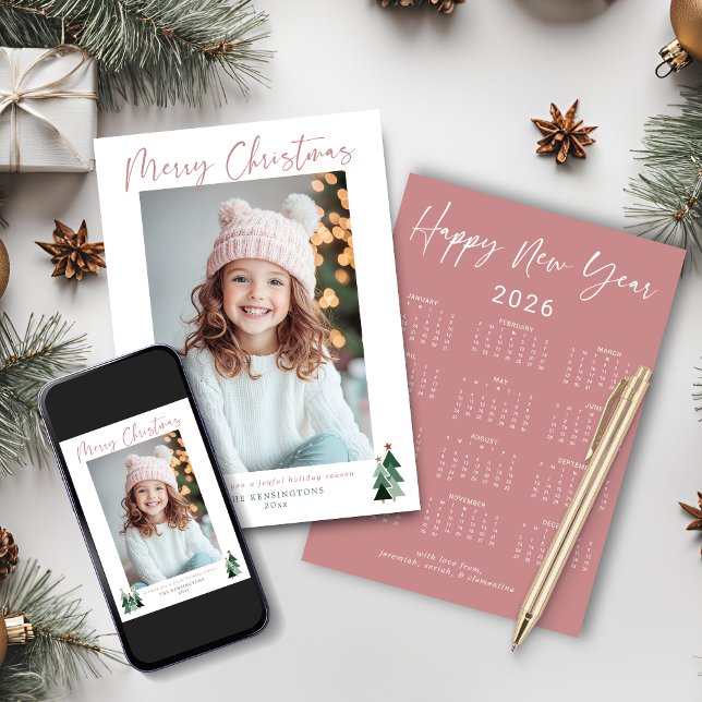 2026 Cute Rosa Grönt Julgran Photo Calendar Julkort (2026 Cute Pink Green Christmas Tree Photo Calendar Holiday Cards)