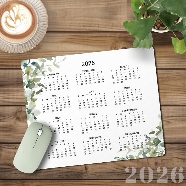 2026 Elegant Eucalyptus-kalender för mjuk Grönt Musmatta (2026 Elegant Soft Green Eucalyptus Desk Calendar Mouse Pad)
