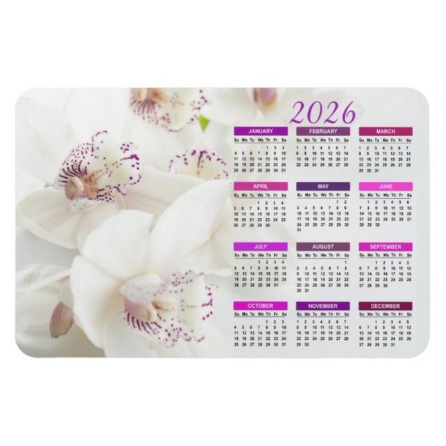 2026 Elegant - kalender för vita och Lila Orchids Magnet (Horisontell)