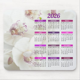 2026 Elegant - kalender för vita och Lila Orchids Musmatta
