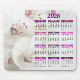 2026 Elegant - kalender för vita och Lila Orchids Musmatta