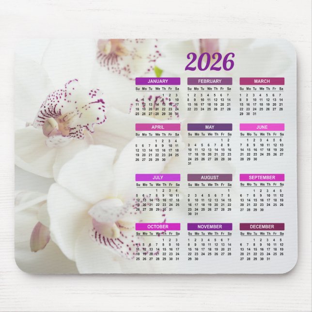 2026 Elegant - kalender för vita och Lila Orchids Musmatta (Framsidan)
