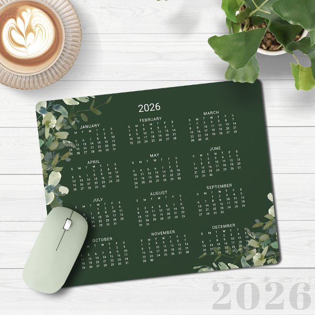 2026 Elegant Mörk grönt Eucalyptus Desk Calendar Musmatta (2026 Elegant Dark Green Eucalyptus Desk Calendar Mouse Pad)