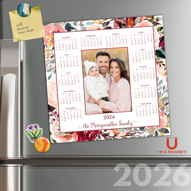 2026 Elegants  Blommigt - fotomagnetisk kalender (2026 Elegant Blush Floral Photo Magnetic Calendar)