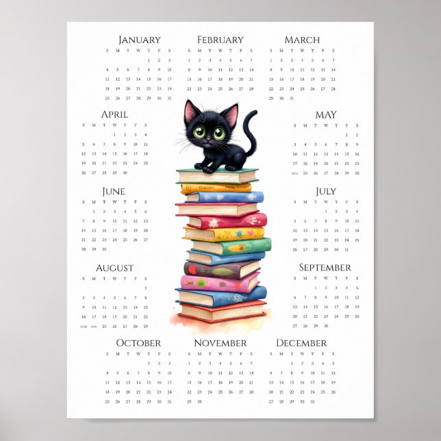2026 En-sides kalender Svart katt på färgglada böc Poster (Framsidan)