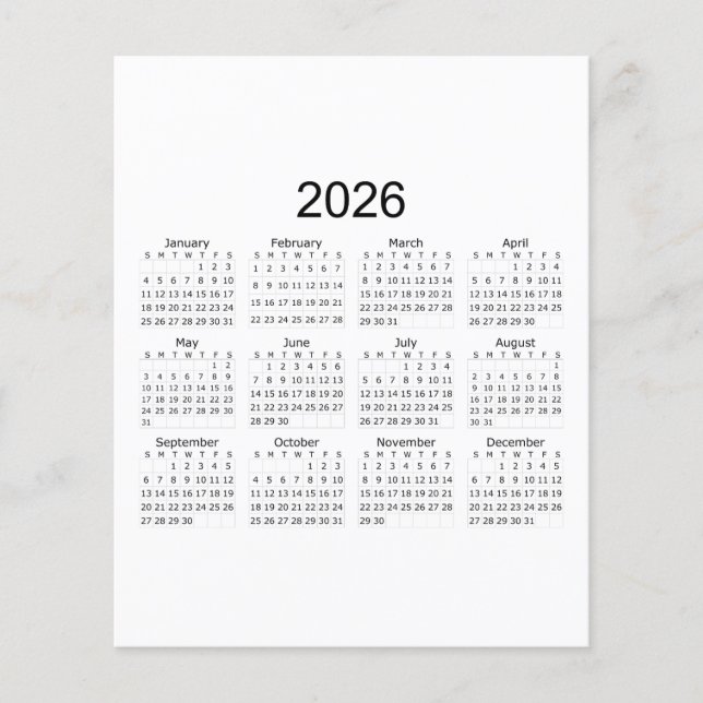2026 Enkel Minimalistisk Kalender Flygblad (Framsidan)