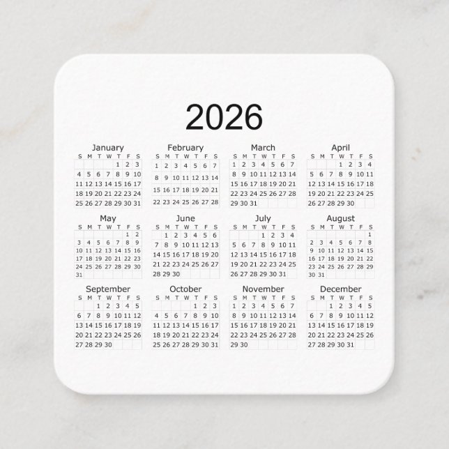 2026 Enkel Minimalistisk Kalender Fyrkantigt Visitkort (Framsida)