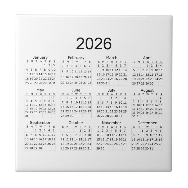 2026 Enkel Minimalistisk Kalender Kakelplatta (Framsidan)