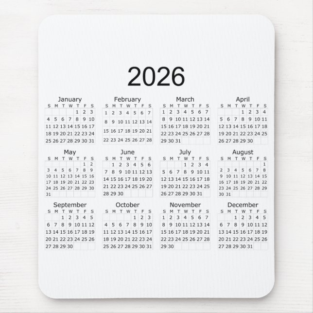 2026 Enkel Minimalistisk Kalender Musmatta (Framsidan)