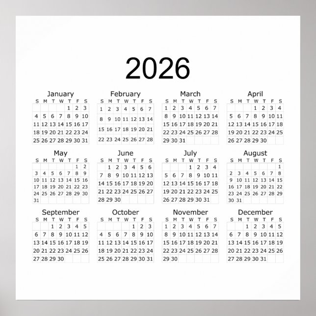 2026 Enkel Minimalistisk Kalender Poster (Framsidan)