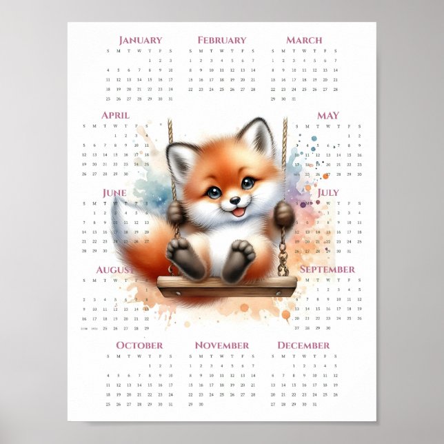 2026 Enkelbladskalender Whimsical Fox på Sväng Poster (Framsidan)