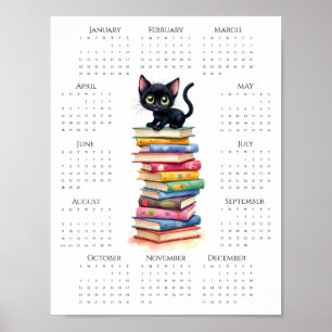 2026 Ett sidor kalender Svart katt på färgglada bö Poster