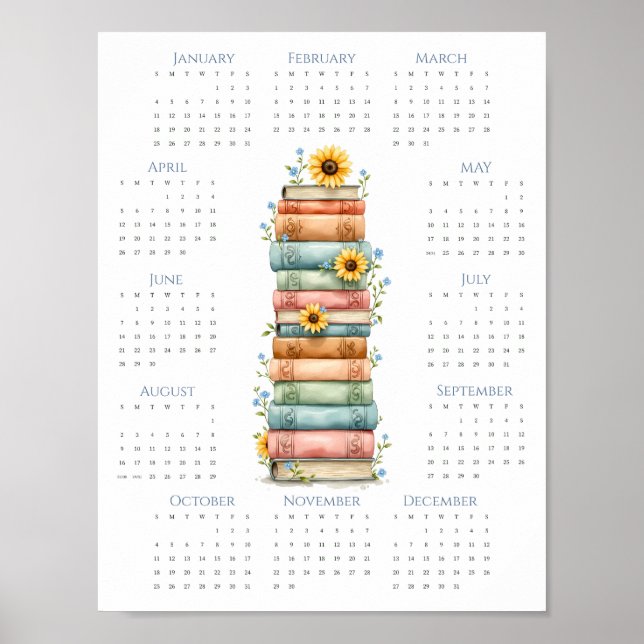 2026 Ettsidig kalender Staplade böcker Ljusblå Poster (Framsidan)