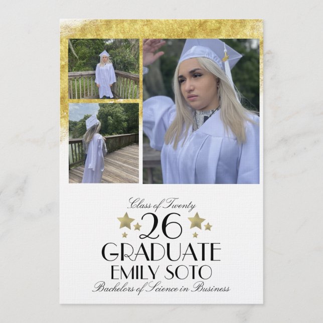 2026 Examens Collage Manus Stjärnor Tre Foto Inbjudningar (Framsida)