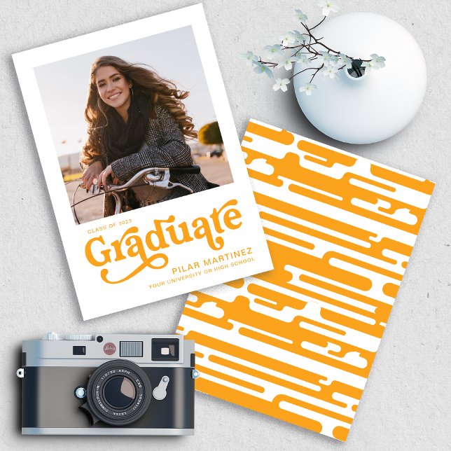 2026 Examensfoto 70-tals Retro Orange Meddelande Inbjudningar (Skapare uppladdad)