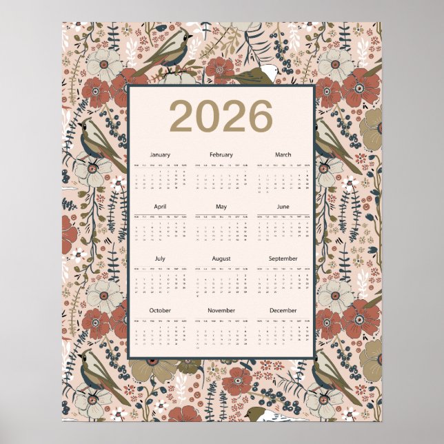 2026 Fåglar Blommor Kalender Poster (Framsidan)