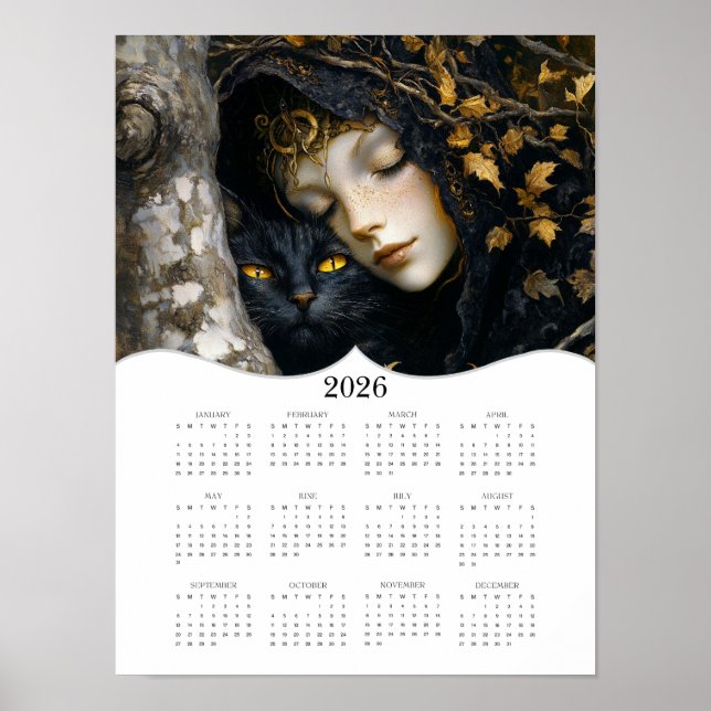 2026 Fantasy Lady Cat Heldig Års Väggkalender Poster (Framsidan)