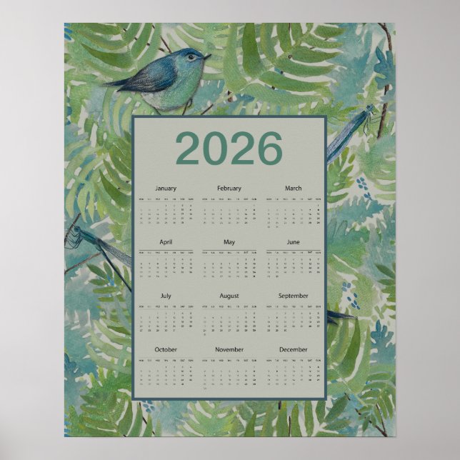 2026 Ferns Birds Calendar Poster (Framsidan)