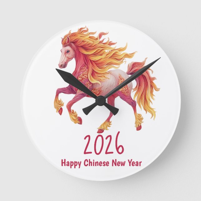 2026 Fiery Horse – Happy Chinese New Year Rund Klocka (Framsida)