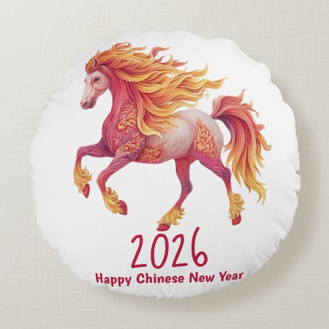 2026 Fiery Horse – Happy Chinese New Year Rund Kudde (Framsidan)