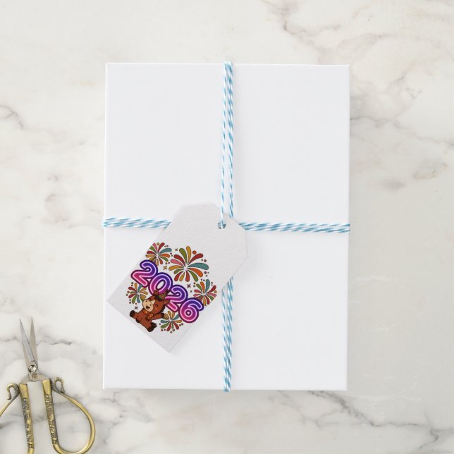 2026 Fireworks & Party Horse – Vibrant New Year Ce Presentetikett (Med Snöre)