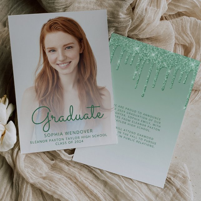 2026 Foto Grön Glitter Examenstillkännagivande Inbjudningar (Skapare uppladdad)