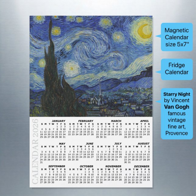 2026 Fridge Calendar, Starry Night / Van Gogh (Starry Night Fridge Calendar 2026 / van Gogh / Magnetic)
