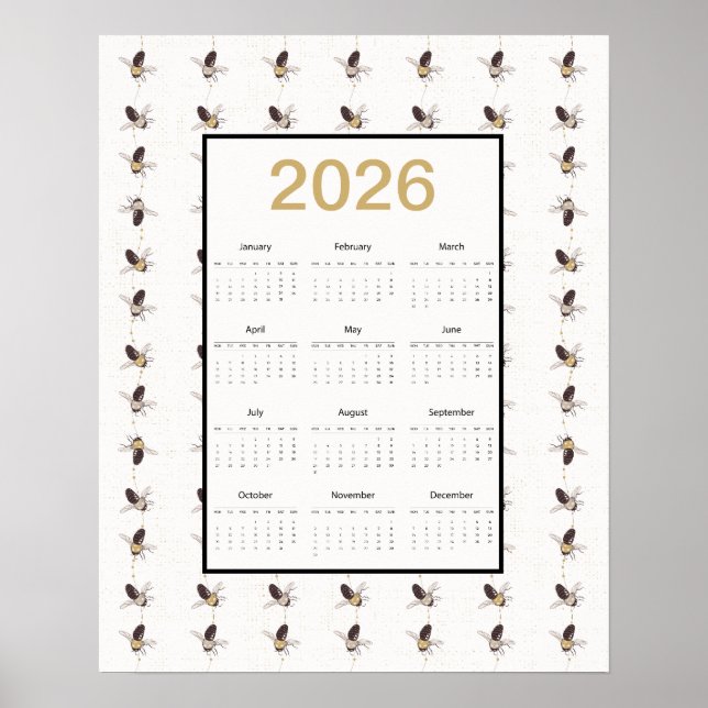 2026 Full Year Bees Calendar Poster (Framsidan)