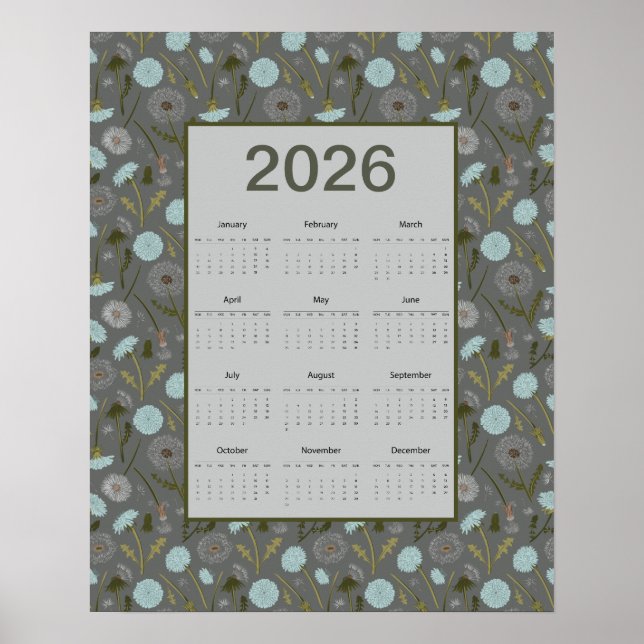 2026 Full Year Calendar Gray Blue Dandelion Poster (Framsidan)
