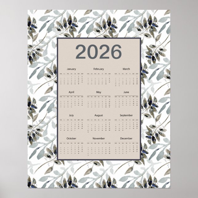 2026 Full Year Calendar Leaves Botanical Poster (Framsidan)