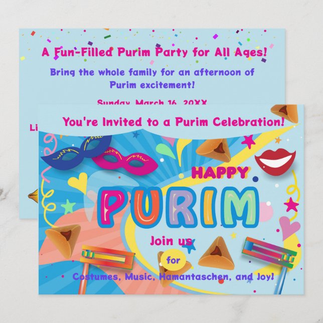 2026 Glad Purim-festival Inbjudningar (Fram/baksida)