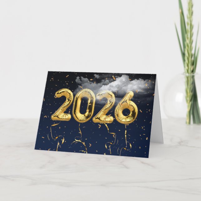 2026 Gold Foil Balloons in Clouds Kort (Framsida)