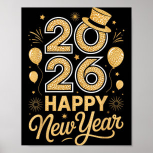 2026 Gott Nytt År Festlig Topphatt Ballong Fyrverk Poster