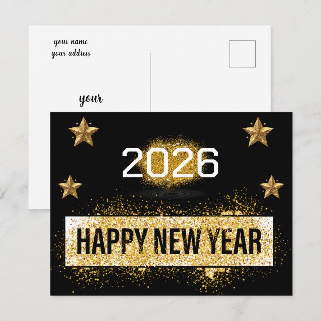 2026, Gott nytt år! Guld Glitter Shiny Stars Vykort (Fram/baksida)