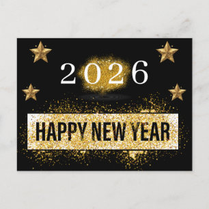 2026, Gott nytt år! Guld Glitter Stars Vykort