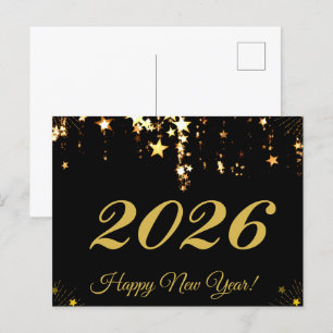 2026,Gott nytt år!guld-stjärnor och svart bakgrund Vykort
