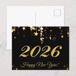 2026,Gott nytt år!guld-stjärnor och svart bakgrund Vykort